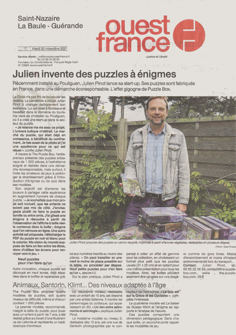 article Ouest France The Puzzle Box 30 novembre 2021